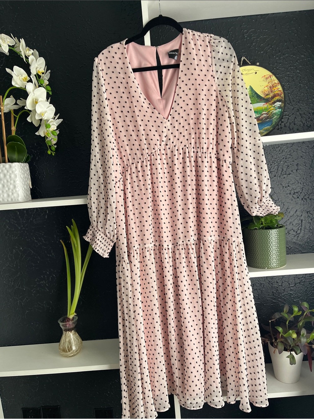 Light Pink Polka Dot V-Neck Tiered Midi Dress